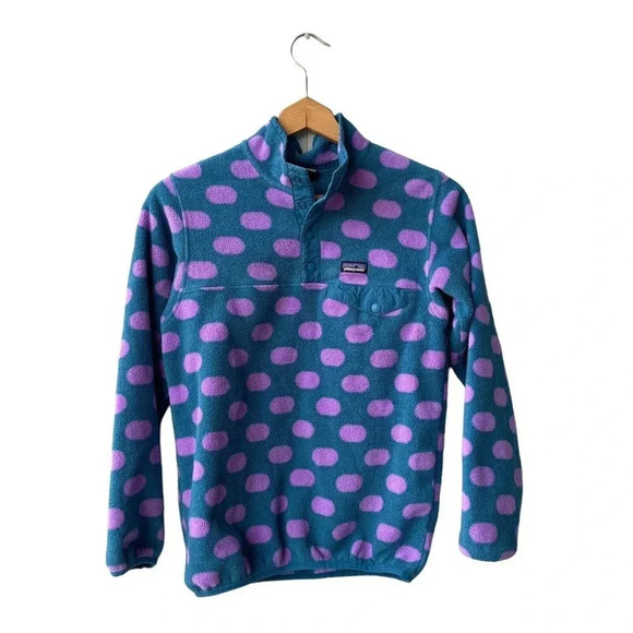 Patagonia Synchilla Girls Pullover Jacket Snap T Polka Dot Teal Pink Size XL(14)